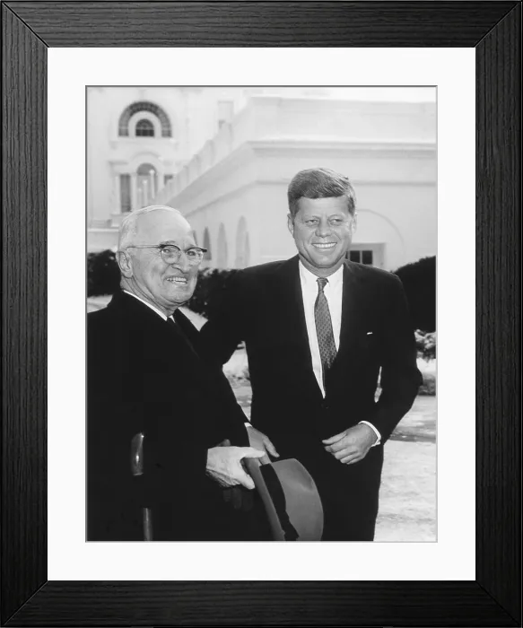 Framed Print : President John Kennedy and former President Harry Truman outside the White House. On the day following his inauguration, JFK met with Truman. Jan. 21, 1961. - (BSLOC_2015_1_153)