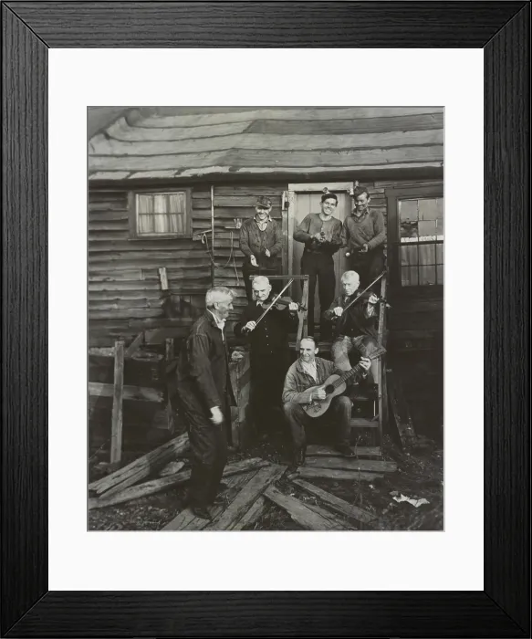 Framed Print : Staged hoedown in Pennsylvania with anthracite miners playing fiddles and a guitar. The session was recorded by folklorist George Korson. Ca. 1936-48. - (BSLOC_2015_1_160)