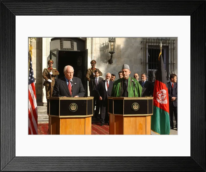 Framed Print : Vice President Richard B. Cheney left and Afghanistan President Hamid Karzai conduct a joint press conference at the Presidential Palace in Kabul Afghanistan on Dec. 7 2004 Framed Print : Vice President Richard B. Cheney left and Afghanistan President Hamid Karzai conduct a joint press conference at the Presidential Palace in Kabul Afghanistan on Dec. 7 2004