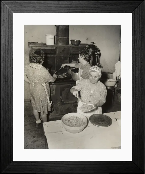 Framed Print : Women cooking spaghetti and frying chicken on an old stove for the Grape Festival. Tontitown, Arkansas. August 16, 1941. - (BSLOC_2015_1_166) Framed Print : Women cooking spaghetti and frying chicken on an old stove for the Grape Festival. Tontitown, Arkansas. August 16, 1941. - (BSLOC_2015_1_166)
