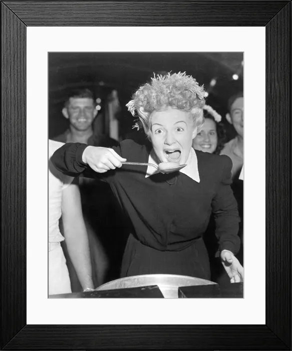Framed Print : Betty Hutton visits a chow hall with sailors and Marines in the Marshall Islands during World War 2. In right background is actress Virginia Carrol. Dec. 1944 (BSLOC_2013-12_145) Framed Print : Betty Hutton visits a chow hall with sailors and Marines in the Marshall Islands during World War 2. In right background is actress Virginia Carrol. Dec. 1944 (BSLOC_2013-12_145)