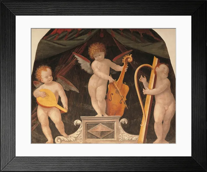 Framed Print : Three musician angels beneath a canopy, by Bernardino Lanino, 1540 about, 16th Century, detached fresco transferred to canvas, cm 155 x 192 - Italy, Lombardy, Milan Framed Print : Three musician angels beneath a canopy, by Bernardino Lanino, 1540 about, 16th Century, detached fresco transferred to canvas, cm 155 x 192 - Italy, Lombardy, Milan