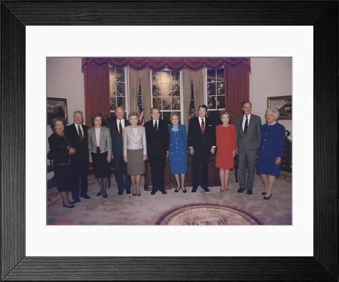 Framed Print : Four presidents and five first ladies pose in an Oval Office replica at the Dedication of the Ronald Reagan Presidential Library in Simi Valley California. L-R Mrs Framed Print : Four presidents and five first ladies pose in an Oval Office replica at the Dedication of the Ronald Reagan Presidential Library in Simi Valley California. L-R Mrs