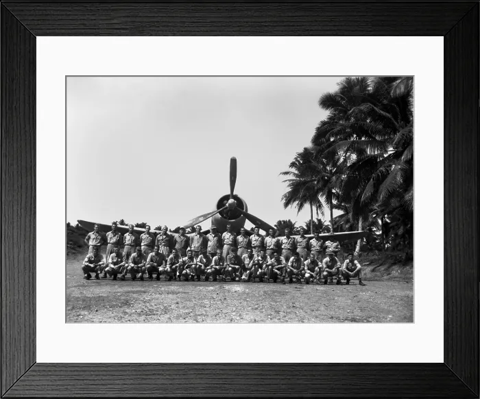 Framed Print : Col. Gregory Boyington's Black Sheep Squadron on Espiritu Santo, New Hebrides. The Squadron poses for a group picture before leaving for Munda, New Georgia Island. Ca. Sept