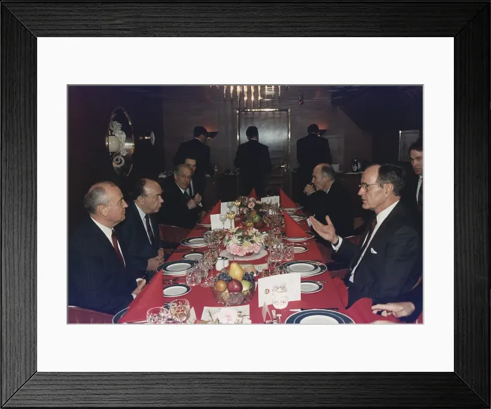 Framed Print : Presidents George Bush has lunch with Mikhail Gorbachev aboard the Soviet cruise ship Maxim Gorky during the Malta Summit. Dec. 2 1989. (BSLOC_2011_3_73) Framed Print : Presidents George Bush has lunch with Mikhail Gorbachev aboard the Soviet cruise ship Maxim Gorky during the Malta Summit. Dec. 2 1989. (BSLOC_2011_3_73)