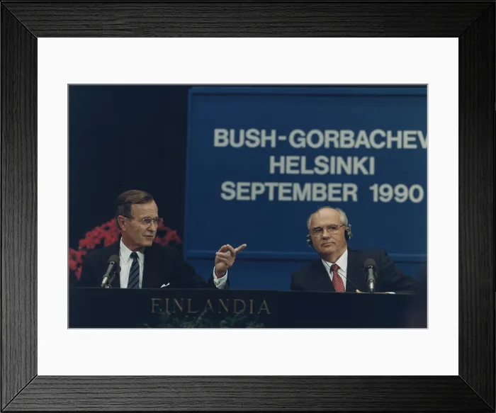 Framed Print : Presidents George Bush and Mikhail Gorbachev hold a press conference at the Helsinki Summit Finland. Sept. 9 1990. (BSLOC_2011_3_74)