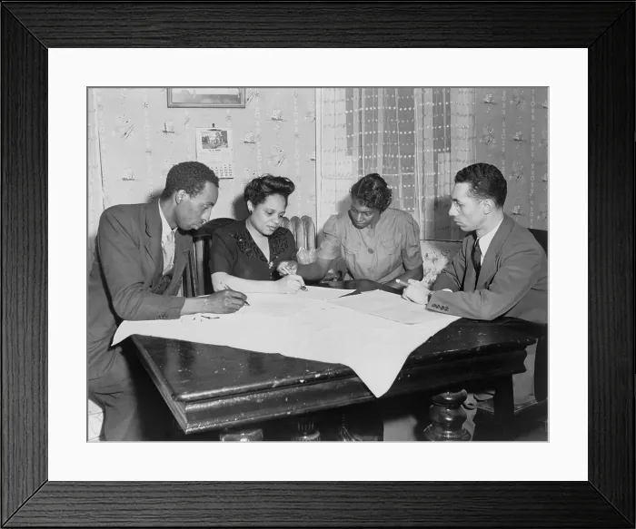 Framed Print : Polly Johnson (2nd from right) is assisted in signing an affidavit for the NAACP. It documented her involuntary servitude at the hands of Mr. and Mrs