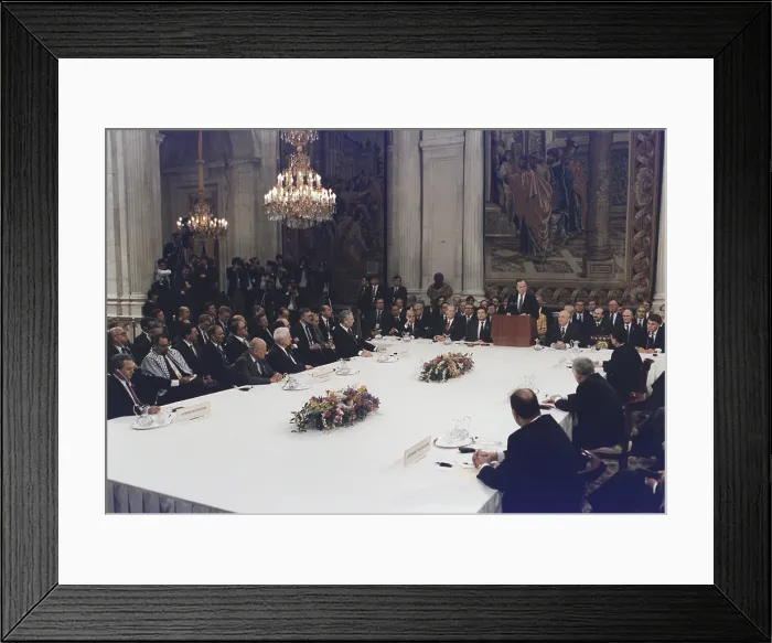 Framed Print : President George Bush addresses the Middle East Peace Conference at the Royal Palace in Madrid Spain