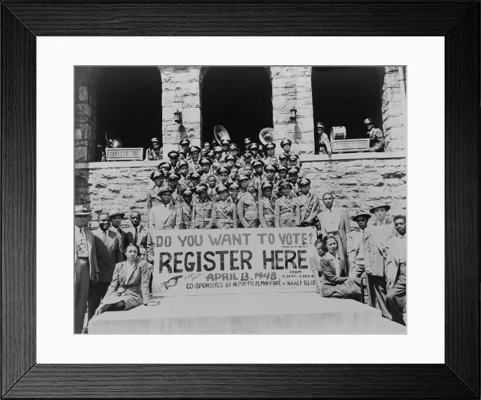 Framed Print : African Americans encouraging voter registration at an unidentified college campus in 1948 Framed Print : African Americans encouraging voter registration at an unidentified college campus in 1948