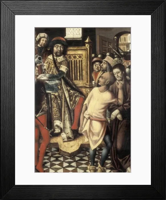 Framed Print : Christ before Pilate. 1476 - 1500. A group of executioners brings Jesus Christ tied to the presence of Pontius Pilate, sitting on a throne and washing their hands