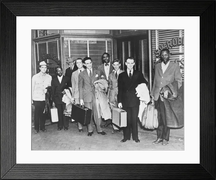 Framed Print : The first Freedom Riders holding suitcases outside the office of Attorney S.W. Robinson. Richmond, Virginia on April 9, 1947 Framed Print : The first Freedom Riders holding suitcases outside the office of Attorney S.W. Robinson. Richmond, Virginia on April 9, 1947