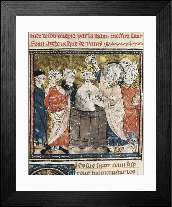 Framed Print : CLOVIS I (465-511). Merovingian king of the Franks (456-511). Clovis I's baptism by Saint Remigius, bishop of Reims (circa 498)