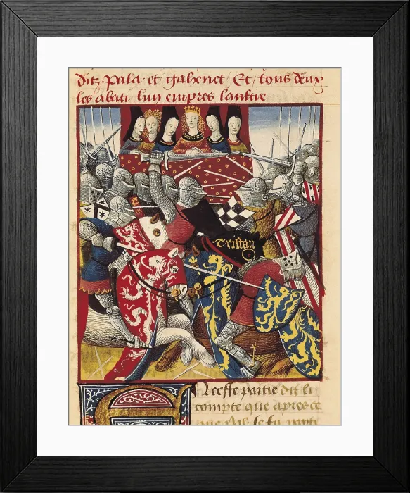 Framed Print : ESPINQUES, Everard de (15th c.). Romance of Tristan and Iseult. s.XV. Tournament at the Virgin's castle, Tristan against king Arthur. Gothic art. Miniature Painting. FRANCE
