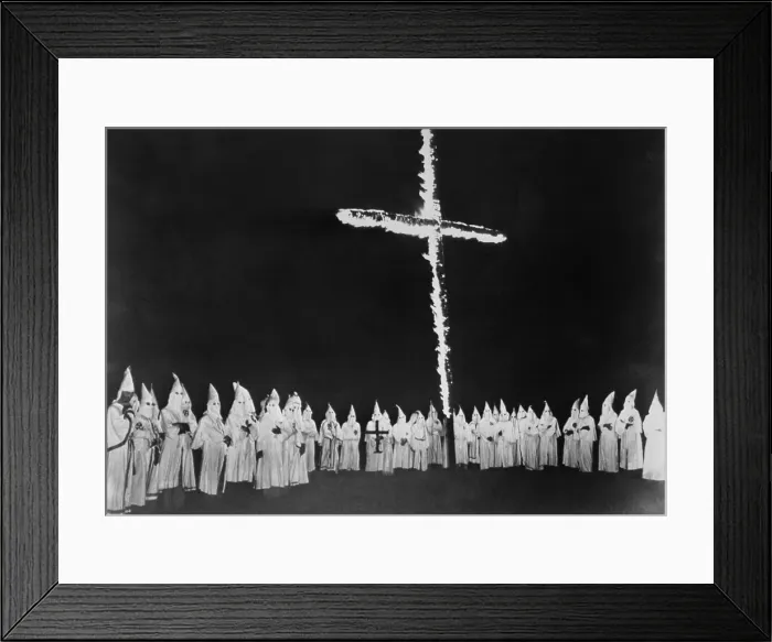 Framed Print : Ku Klux Klan at a cross burning in Tennessee. Sept. 4, 1948. The Klan is protesting Progressive presidential candidate Henry Wallace campaigning in Knoxville, Tennessee. Sept