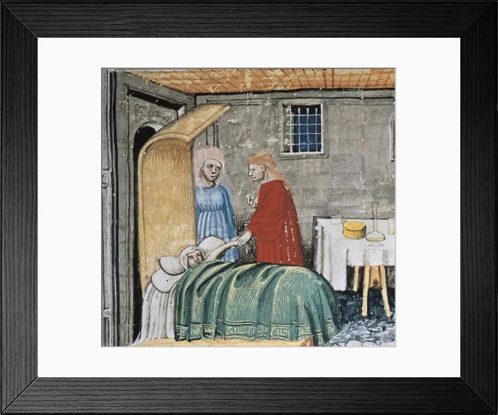 Framed Print : AVICENNA (980-1037). Canon of Medicine. ca. 1020. Ms. 2197. Fol. 492. The doctor's visit. Examination of the patient. Detail of illuminated page in manuscript of 15th c
