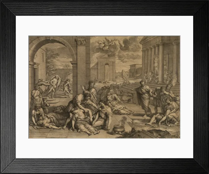 Framed Print : A flying angel spreads God's destruction over classical setting