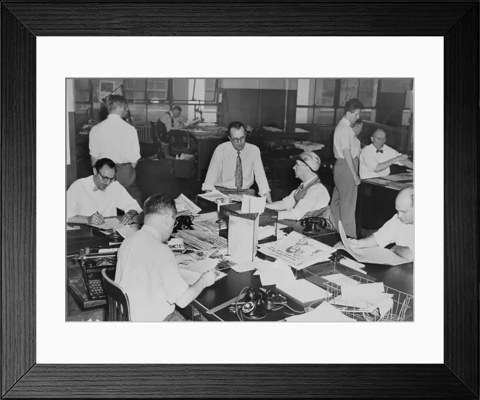 Framed Print : The City Desk, the department that handled local news. In the offices of the New York World-Telegram and the Sun Newspaper. May 12, 1949. - (BSLOC_2015_1_184)