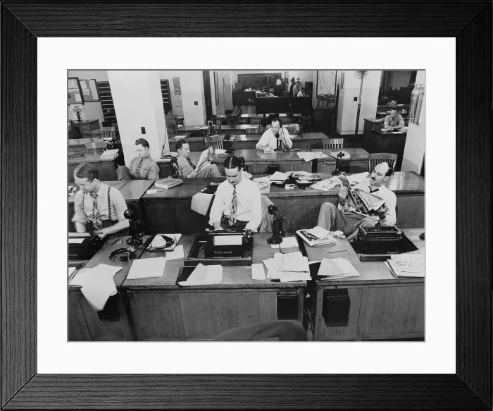 Framed Print : Newsroom of the New York Times. Reporters and rewrite men writing stories, while others wait to be sent out