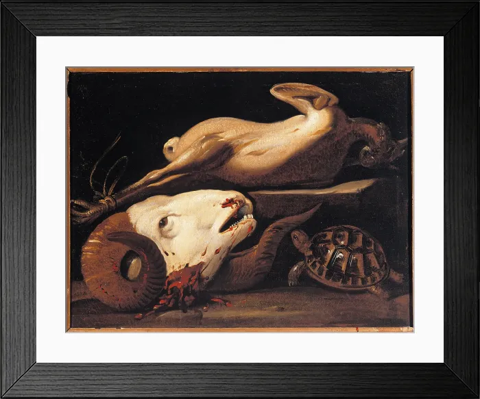 Framed Print : Still Life with Ram Head, Turtle and Plucked Chicken, by Giovan Battista Crespi known as Cerano, 17th Century, oil on canvas, cm 51 x 68 - Italy, Lombardy, Milan