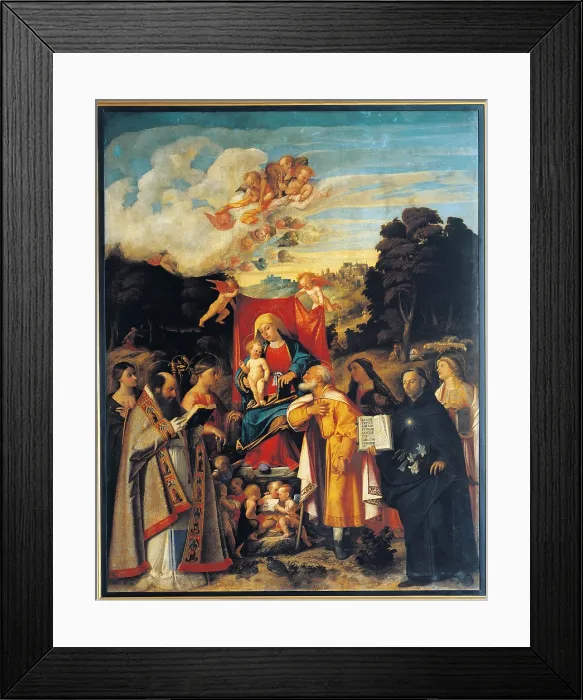 Framed Print : St Gotthard Altarpiece Madonna Enthroned with Angels and Saints, by Giovanni Busi known as Cariani, 1500 - 1550 about, 16th Century, oil on canvas, cm 270 x 211 - Italy, Lombardy