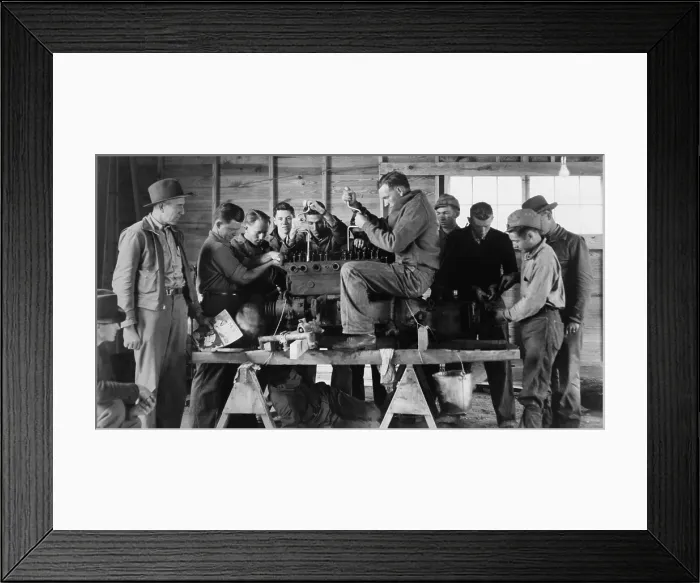 Framed Print : Civilian Conservation Corps (CCC) class learning about a gasoline motor. Arcadia, Louisiana, 1937-42. - (BSLOC_2015_1_193) Framed Print : Civilian Conservation Corps (CCC) class learning about a gasoline motor. Arcadia, Louisiana, 1937-42. - (BSLOC_2015_1_193)