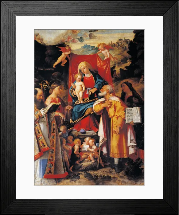 Framed Print : St Gotthard Altarpiece Madonna Enthroned with Angels and Saints, by Giovanni Busi known as Cariani, 1500 - 1550 about, 16th Century, oil on canvas, cm 270 x 211 - Italy, Lombardy