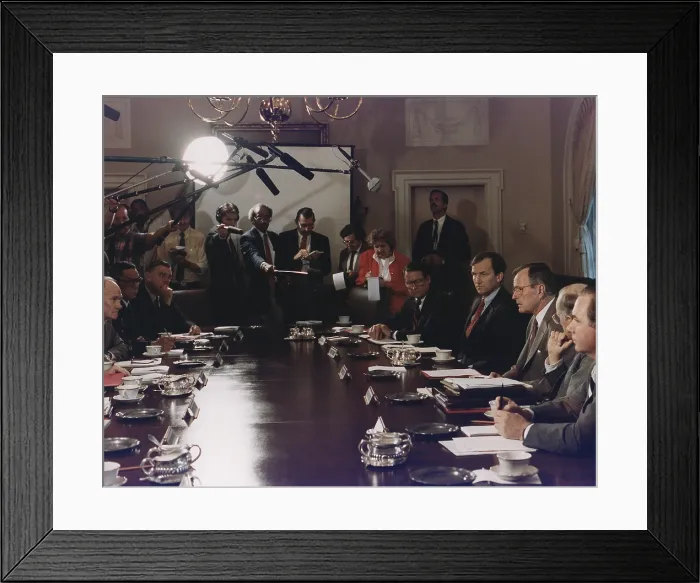 Framed Print : President Bush participates in a full National Security Council meeting regarding Iraq's invasion of Kuwait Aug 2-4 1990