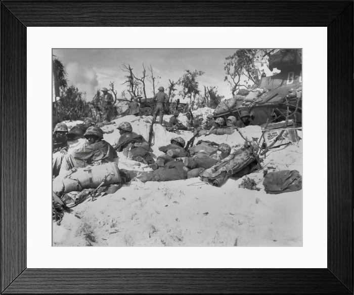 Framed Print : African American Marines move through the trenches on the beach during the Battle of Peleliu. Sept. 15, 1944 during World War 2. (BSLOC_2013_14_239)