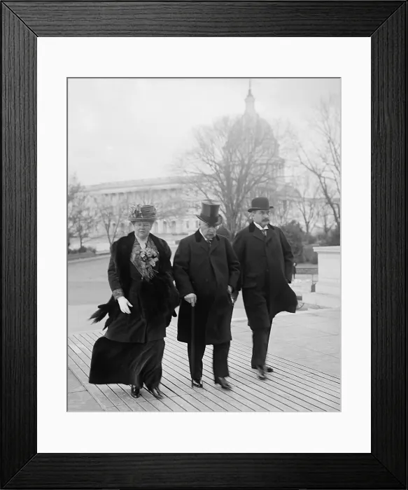 Framed Print : J. Pierpoint Morgan 1837-1913 American financier flanked by his oldest daughter Louisa Satterlee and son Jack arriving at the Banking and Currency Committee investigation in 1912