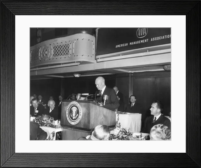 Framed Print : President Eisenhower speaking at American Management Association dinner. Vice President Richard Nixon is at right Framed Print : President Eisenhower speaking at American Management Association dinner. Vice President Richard Nixon is at right