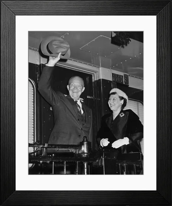 Framed Print : Dwight and Mamie Eisenhower waving from the 1956 campaign train. - (BSLOC_2014_16_78)