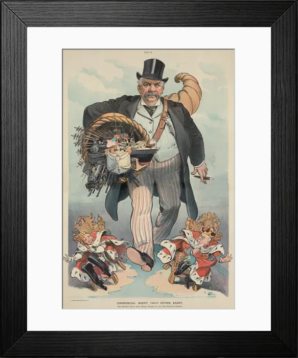 Framed Print : COMMERCIAL MIGHT VERSES DIVINE RIGHT 1902 cartoon depicts J.P