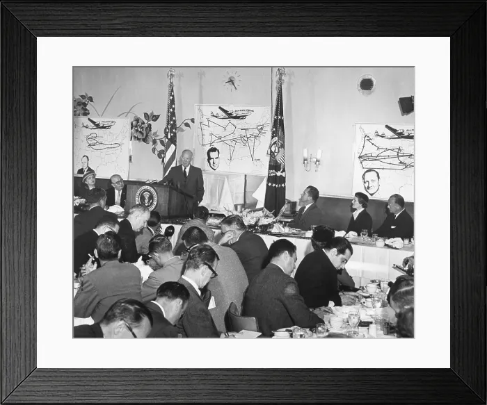 Framed Print : President Eisenhower speaking at a Republican Campaign Kick-off breakfast for VP Richard Nixon. Behind the President, is a map of Nixon's extended campaign trip. Sept