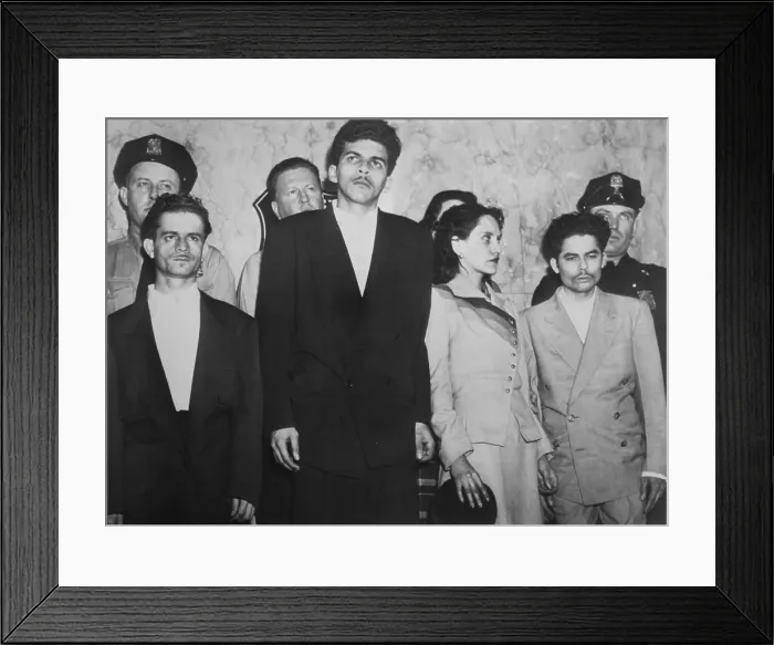 Framed Print : Puerto Rican Terrorists held by police, March 1, 1954. Four suspects held are (L-R): Andres Figueroa Cordero, Lolita LeBron, Rafael Cancel Mianda, and Irving Flores Framed Print : Puerto Rican Terrorists held by police, March 1, 1954. Four suspects held are (L-R): Andres Figueroa Cordero, Lolita LeBron, Rafael Cancel Mianda, and Irving Flores
