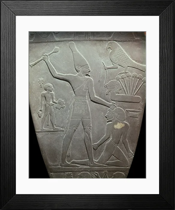 Framed Print : The Narmer Palette. 31st c. BC. Reverse of the palette, which celebrates the victory of the king over his enemies. Egyptian art. Relief on rock. EGYPT. Cairo. Egyptian Museum