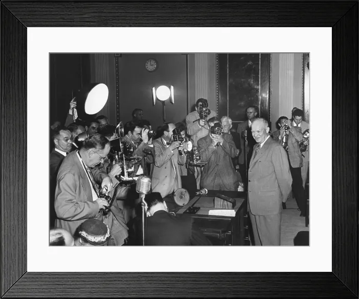 Framed Print : Photographers surround President Eisenhower at a Press Conference on April 30, 1953. Old State Department Building. - (BSLOC_2014_16_66)