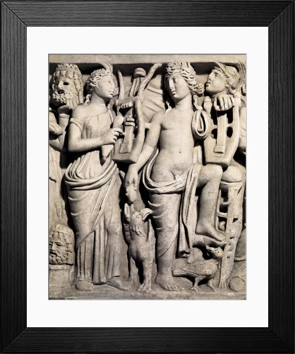 Framed Print : Sarcophagus of Giulio Longino, chief of the decurions Miseno, the third century AD High relief of Apollo, Minerva and the nine Muses. Central detail Framed Print : Sarcophagus of Giulio Longino, chief of the decurions Miseno, the third century AD High relief of Apollo, Minerva and the nine Muses. Central detail