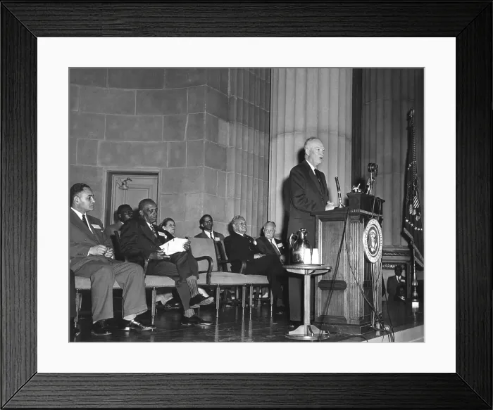Framed Print : President Eisenhower speaks at the NAACP meeting. March 3, 1954. Ralph Bunche, 1950 Nobel Peace Laureate, sits at far left. - (BSLOC_2014_16_69)