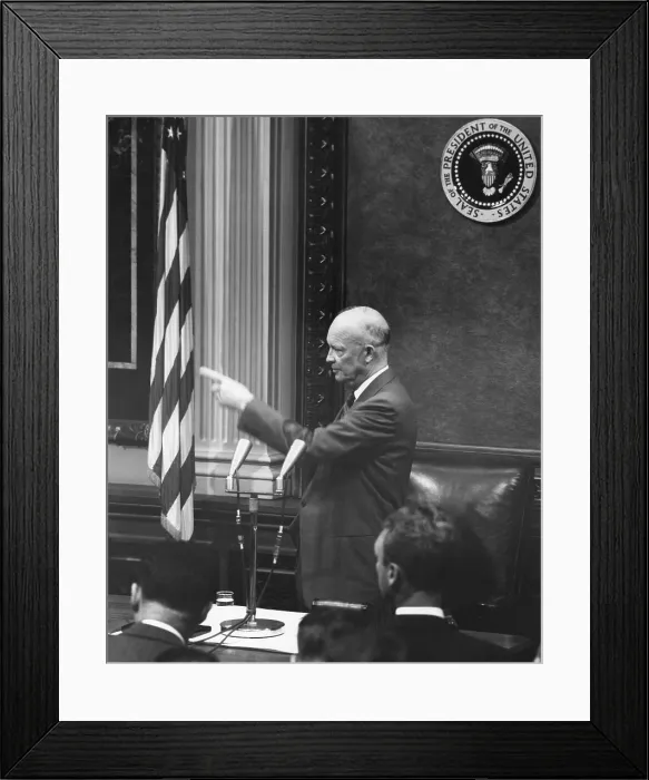 Framed Print : President Eisenhower pointing to acknowledge a reporter at a press conference. June 8, 1955. - (BSLOC_2014_16_71)