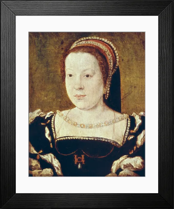 Framed Print : LYON, Corneille de (h. 1500-1575). Catherine de medicis. ca. 1548. Renaissance art. Oil on wood. FRANCE. Chantilly. Musee Conde (Conde Museum) Framed Print : LYON, Corneille de (h. 1500-1575). Catherine de medicis. ca. 1548. Renaissance art. Oil on wood. FRANCE. Chantilly. Musee Conde (Conde Museum)