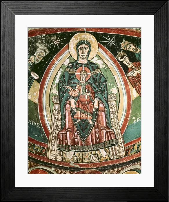 Framed Print : Church of Santa Maria in TaUll. Paintings in the central apse. c. 1123. Detail of the Virgin and Child. Romanesque art. Fresco. SPAIN. Barcelona. National Art Museum of Catalonia