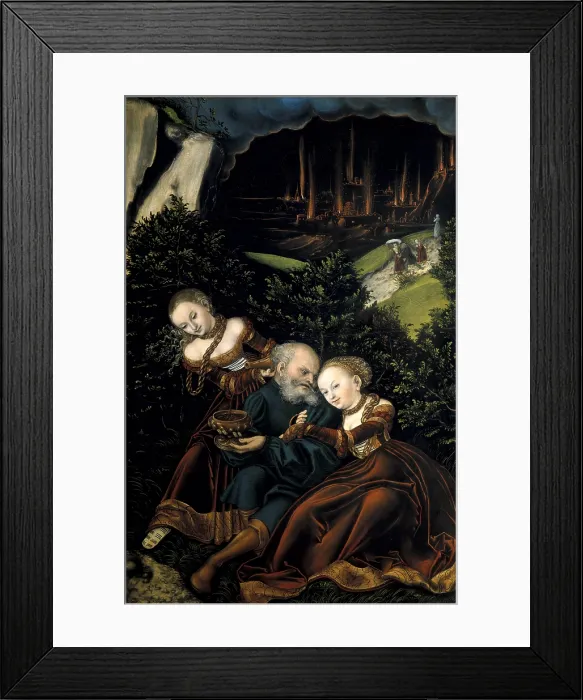 Framed Print : Cranach, Lucas, 'the Elder' (1472-1553). Loth and his daughters (Lot und seine TOchter). 1528. Renaissance art. Oil on wood. AUSTRIA. Vienna