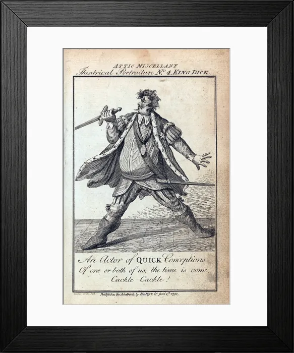 Framed Print : Humorous caricature of an actor portraying Richard III in Shakespeare's HENRY VI. The caption reads, An actor of quick conceptions. Of one or both of us, the time is come