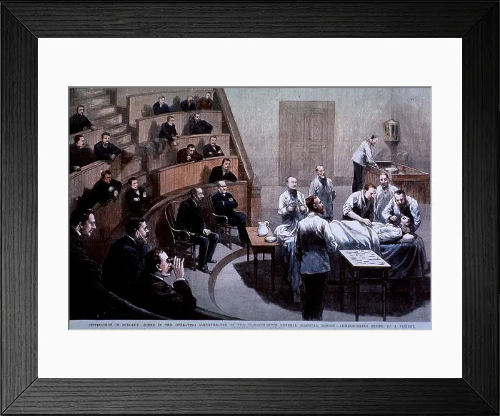 Framed Print : Operating room amphitheater of the Massachusetts General Hospital, Boston. A patient is receiving ether anesthesia as doctors and students observe. 1888