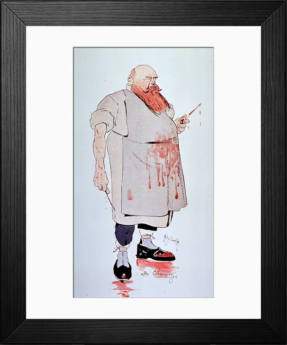 Framed Print : Caricature of a surgeon holding instruments and wearing blood splattered apron and shoes Framed Print : Caricature of a surgeon holding instruments and wearing blood splattered apron and shoes