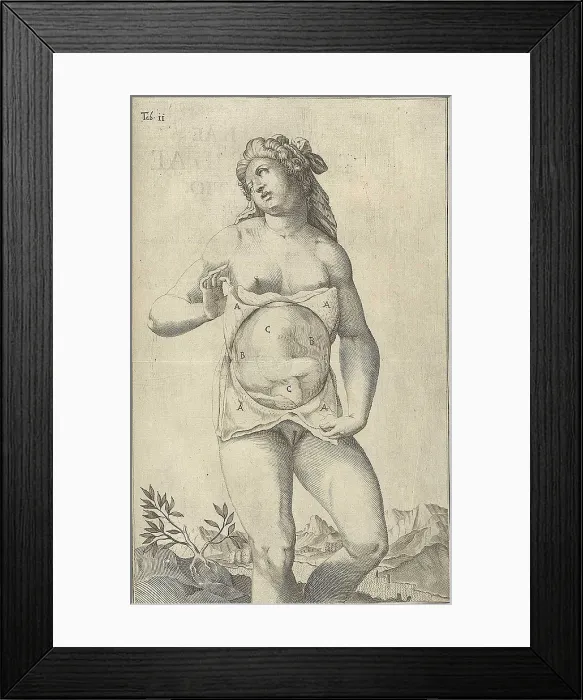 Framed Print : Development of the fetus. Female figure with womb exposed displaying a fetus from Adriaan van de Spiegel's, DE FORMATO FOETU LIBER EXORNATUS, 1626