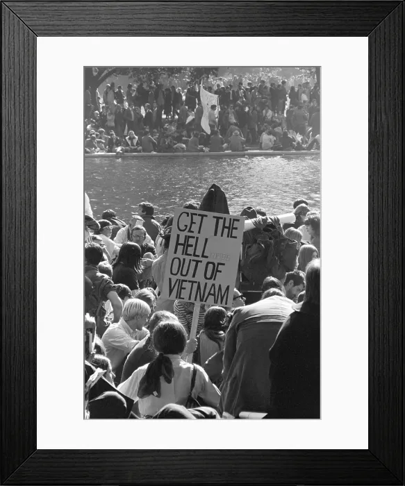 Framed Print : March on the Pentagon. Protesters hold a sign that reads: GET THE HELLicopters OUT OF VIETNAM. Oct. 21, 1967