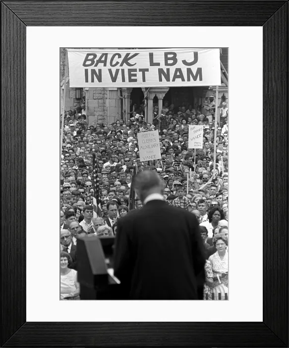 Framed Print : Back LBJ in Vietnam reads a sign in Indianapolis, as President Lyndon Johnson speaks