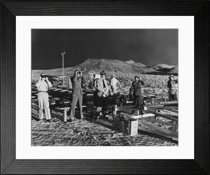 Framed Print : Canadian and British observers illumined by both the sun and an atomic blast of ABLE, a 1-kiloton atomic bomb. January 27, 1951