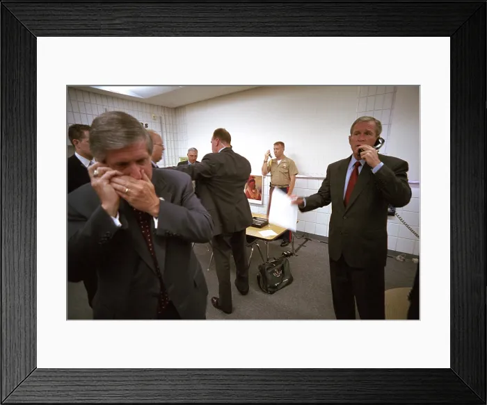 Framed Print : President George W. Bush and senior staff on phones after learning of the 9-11 Terrorist Attacks